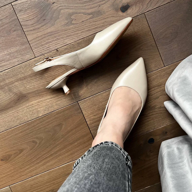 Meotina Genuine Leather Women Slingbacks Shoes Cow Leather Buckle Thin Heels Pumps Pointed Toe Med Heel Ladies Footwear Spring