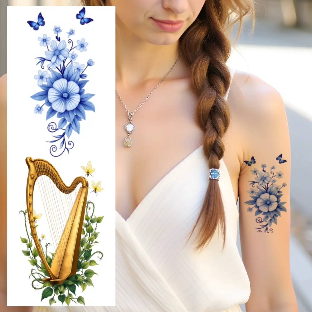 9pcs Temporary Tattoo Lilies Sticker Colorful Flower Bouquet Stickers Harp Sticker Waterproof Long-lasting Body Stickers For