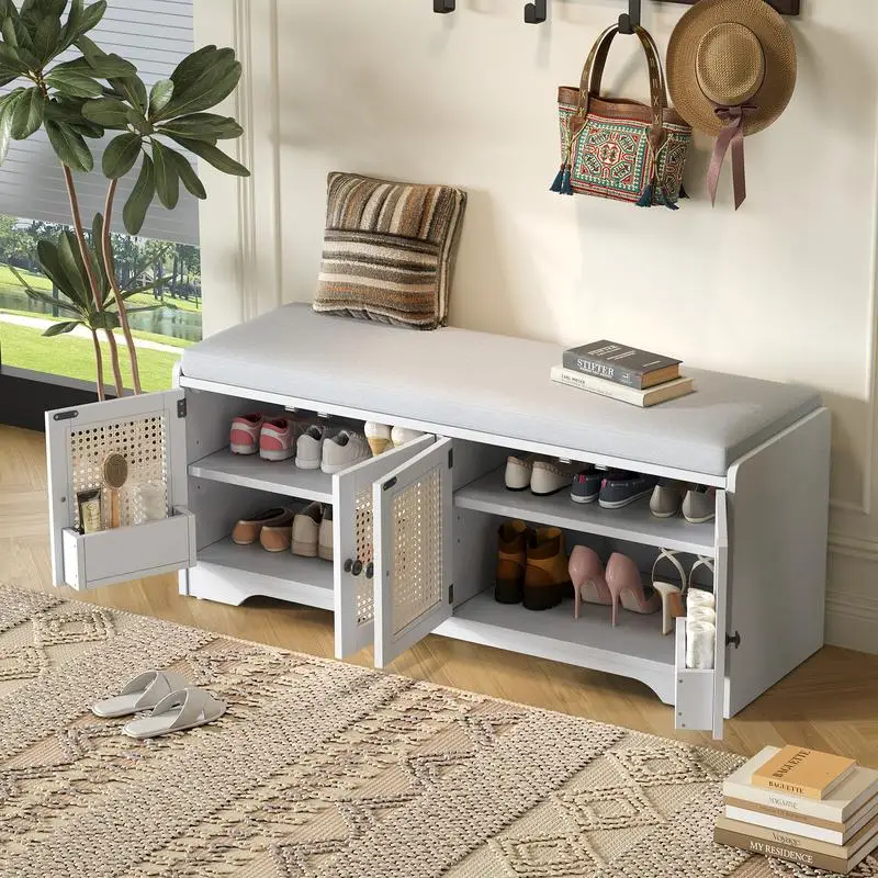

Multifunctional Rustic Storage Bench, Wood Entryway Shoe Organizer with Removable Cushion, Woven Rattan Doors & Adjustable