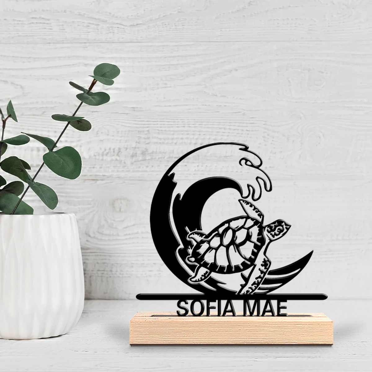 1pc Modern turtle boat Personalized Name Metal Statue Iron Ornament Figurine With Wood Base Tin Statue For Bedroom Desk Decor