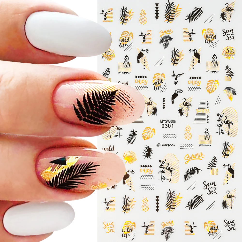 

10Pcs/Set 3D Laser Flower Leaf Adhesive Nails Stickers Holographic Black Gold Abstract Geometry Manicure Sliders Nail Art Decals