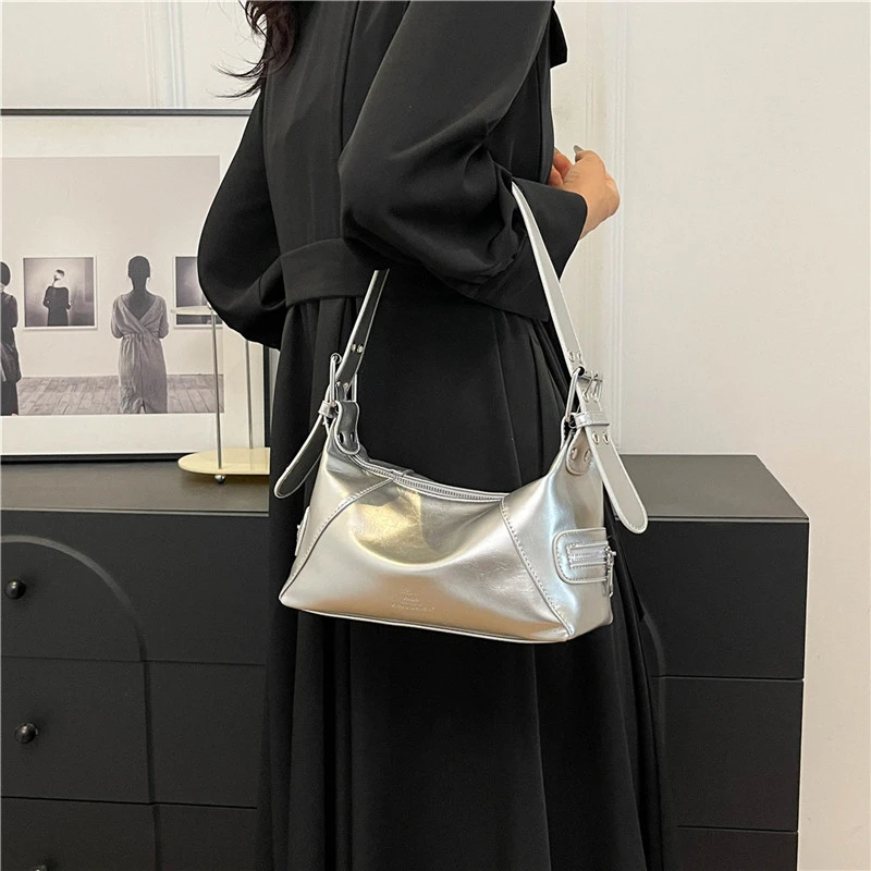 Luxury Silver Leather Bag For Women 2024 Korean Style Fashion Underarm Shoulder Bag  Red Black Female Handbag Tote Armpit Purse