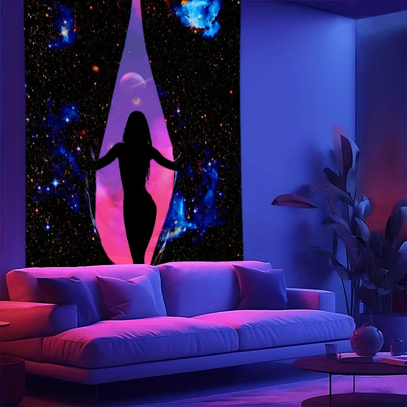 VIKAMA Neon Space Goddess Tapestry Black Light Hippie Style Wall Decoration Bedroom Dormitory Games Room Hanging Cloth