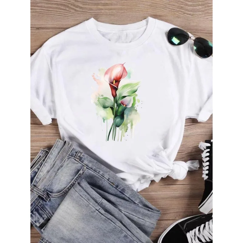 Women's Short-sleeved T-shirt Fashion Flower Dragonfly Print Base Shirt Aesthetic Clothes  Harajuku  Graphic T Shirts