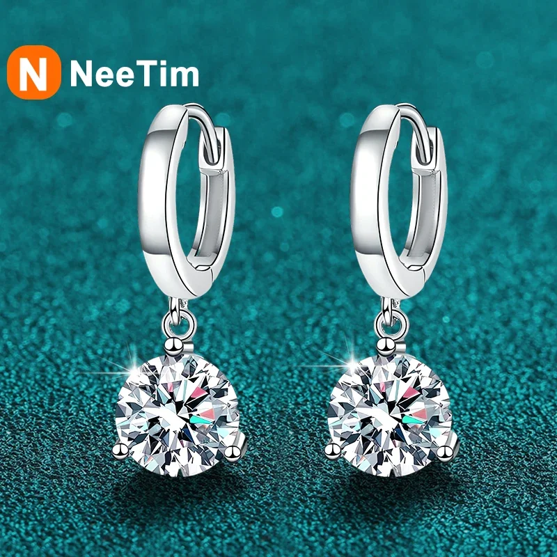 NeeTim 2ct Moissanite Earrings100% S925 Sterling Silver Orginal Drop Earring Wedding Bride Jewelry with Certificate for Women