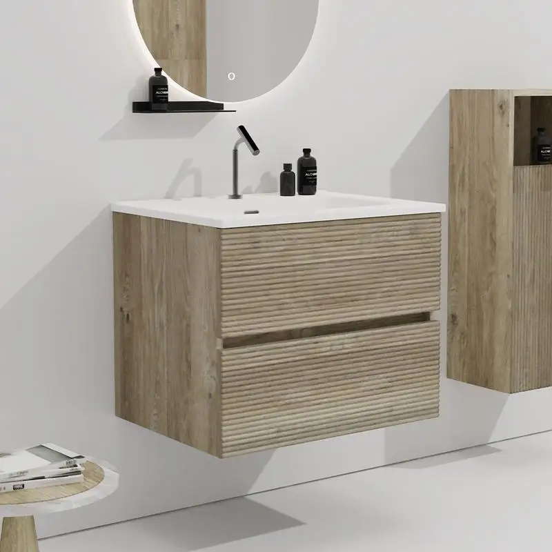 24" Wall Mounted Rough Oak Bathroom Vanity with Integrated Ceramic Sink, Overflow, Large Storage, Floating Design for Modern