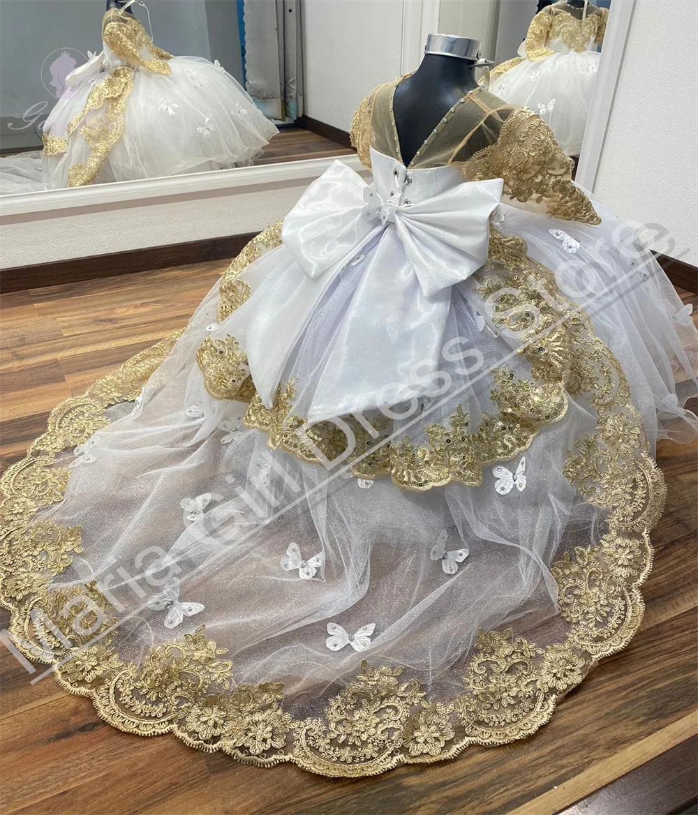 Vestido de niña de flores blanco con esponjoso cuello redondo de media manga para fiestas de cumpleaños de actuaciones de boda infantil