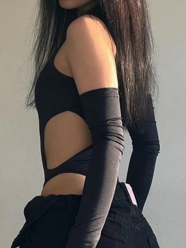 2025 Y2K 스타일 여성 섹시 블랙 점프수트 스트리트웨어 빈티지 홀로우 아웃 그런지 베스트 하라주쿠 백리스 바디콘 캐미솔 여성복