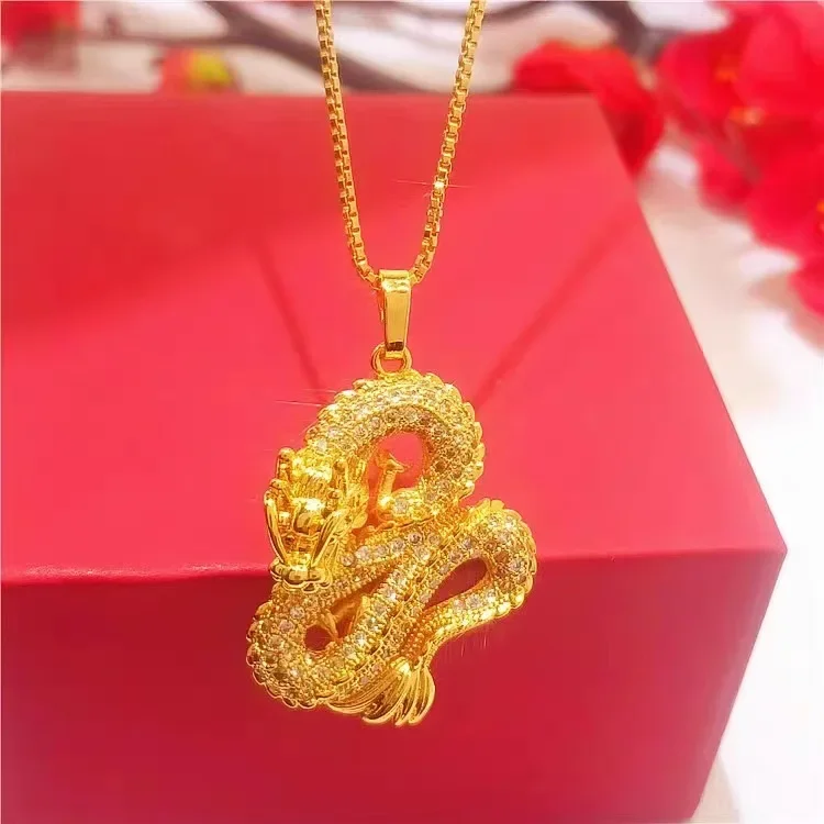 9999 24K real gold emblem with diamond inlaid dragon pendant AU750 men's domineering and wealthy necklace jewelry