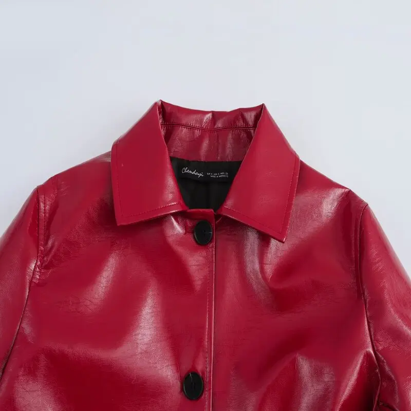 Lente 2025, Dames Faion Leather Lange Sve-kraag Jaet-jas Veelzijdige woon-werkkleding Ele Sle Loose Fit Regula...
