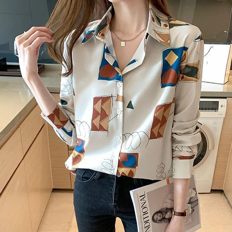 Vintage Elegant Chic Print Commute Ladies Tops Blouses Spring Autumn Fashion Casual Loose Long Sleeve Button Up Shirts for Women