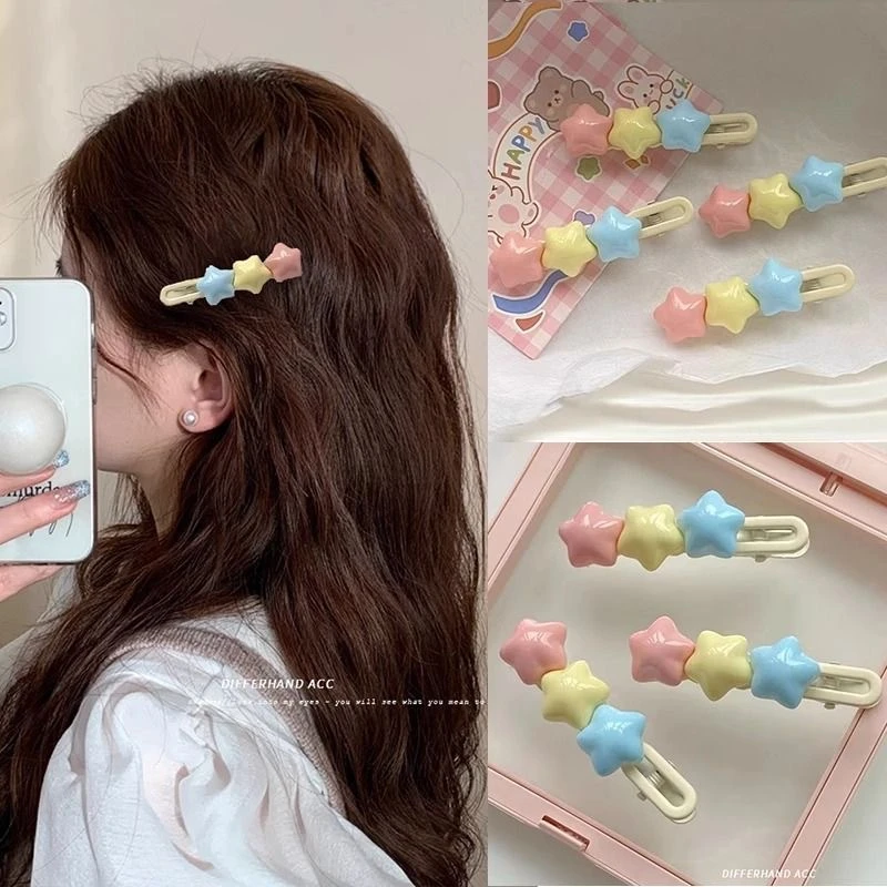 Colorful Star Hair Clips Cute 3 Color Kawaii Barrettes for Girls Long Wavy BB Hairpins for Side Bangs Aesthetic Hair Accessories