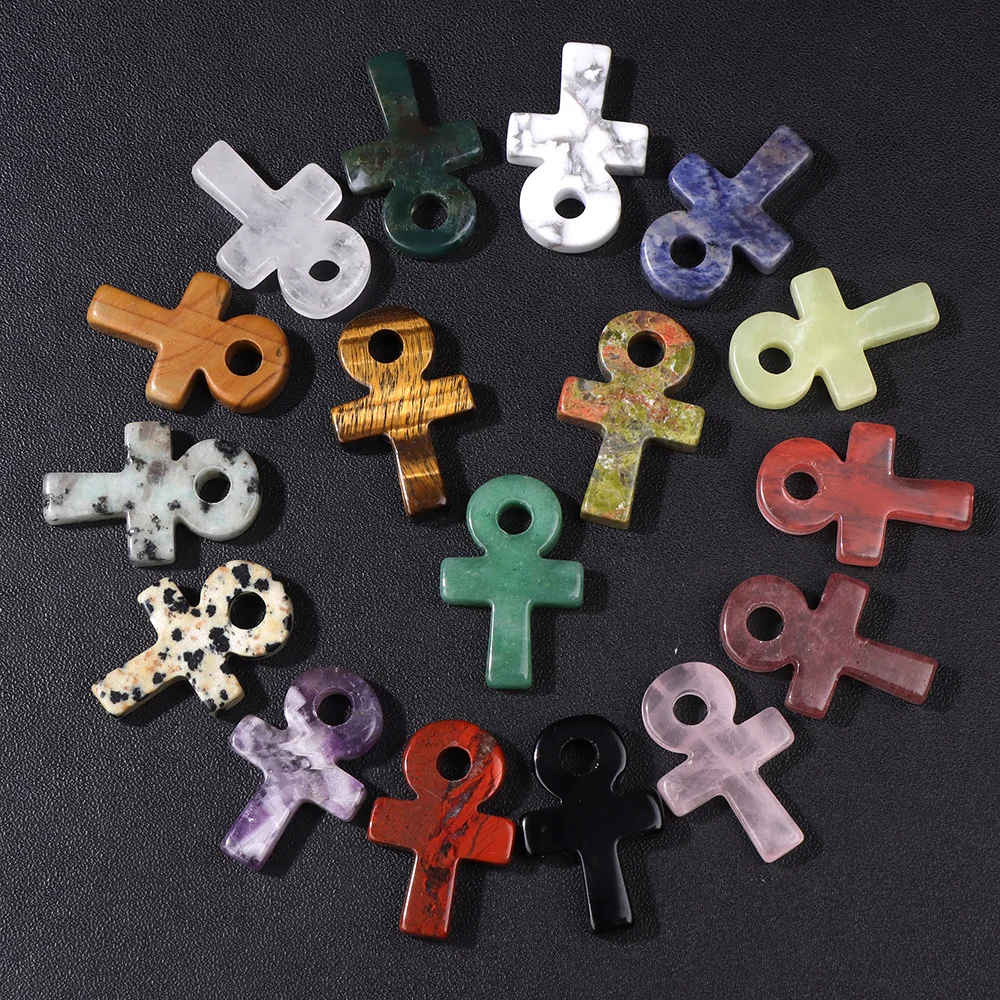 Natural Ankh Cross Stone Bead 20x30mm Quartz Agat Jasper Key of Life Pendant For Gothic Jewelry Making DIY Necklace Earrings