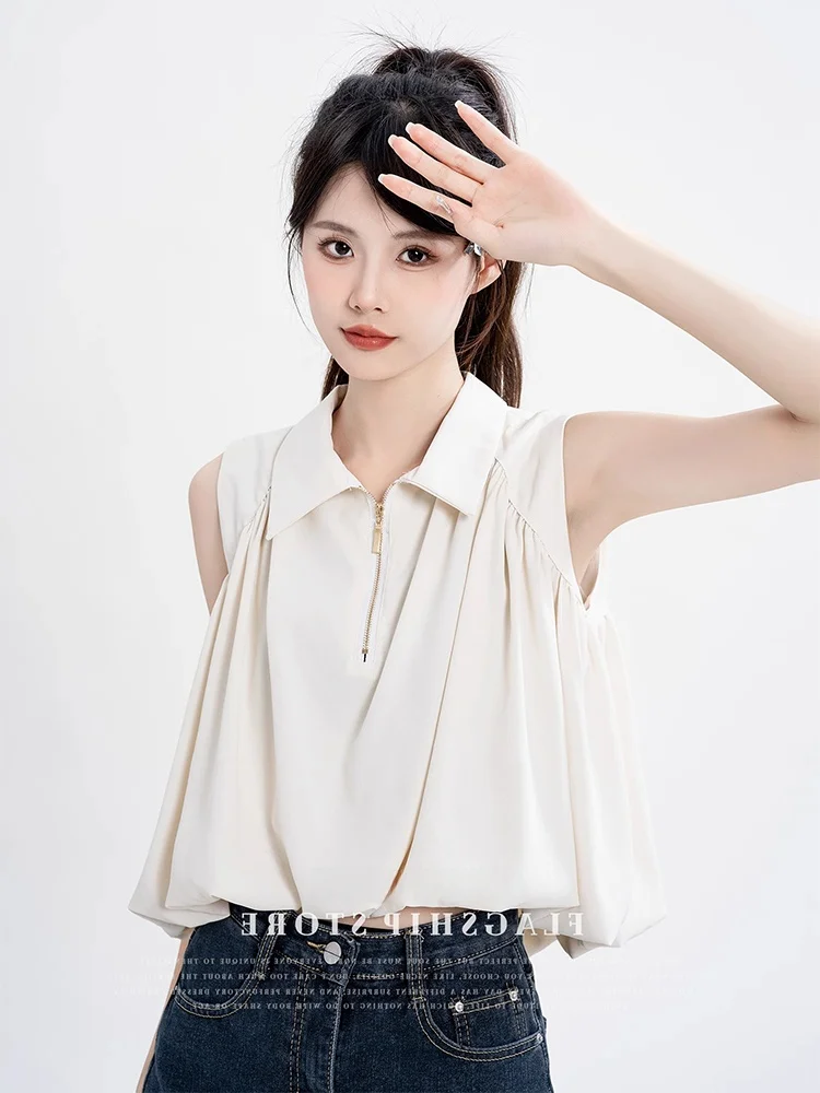 

Elegant Collar Sleeveless Chiffon Shirt Women's Layering Base Slimming Shoulder Bared Vest Top Outerwear Korean Style Lo...