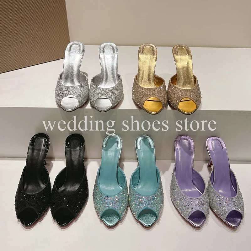 Super Flash Rhinestone Peep-toe High Heels Wedding Shoe Slippers Fashion Leather Summer Banquet Party Stiletto 8.5cm Women Shoes