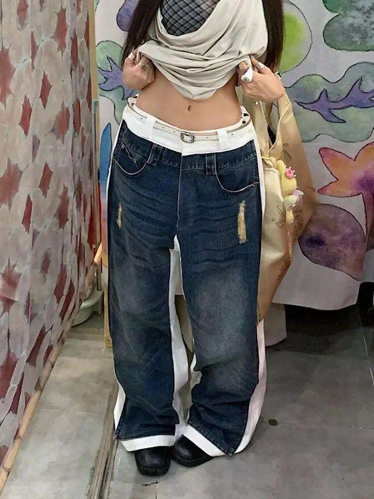 American Retro Design Sense White Background Spliced Jeans Women Spring Autumn Hot Girls Loose Lazy Style Floor Trousers