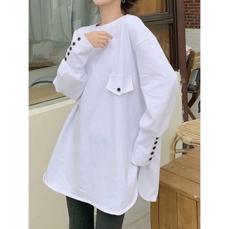 2023 Autumn and Winter Women's Round Neck Pullover Solid Button Panel Loose Casual Fashion Elegant Commuter Long Sleeve Tops