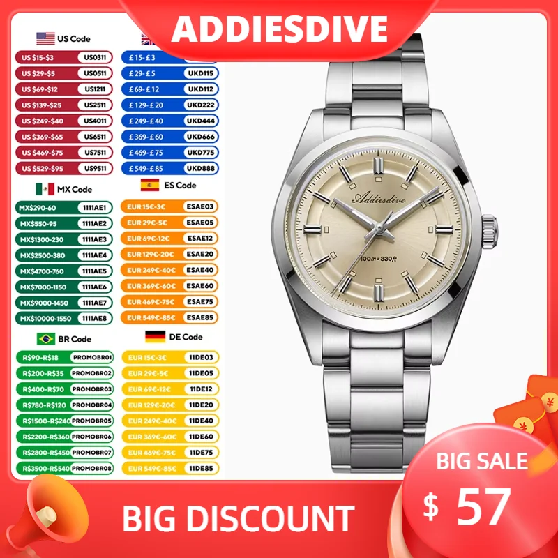 Addiesdive ساعة رجل صغير VH31 حركة ساعات كوارتز فقاعة مرآة الزجاج BGW9 مضيئة بسيطة مقاوم للماء ساعة الغوص للرجال #1