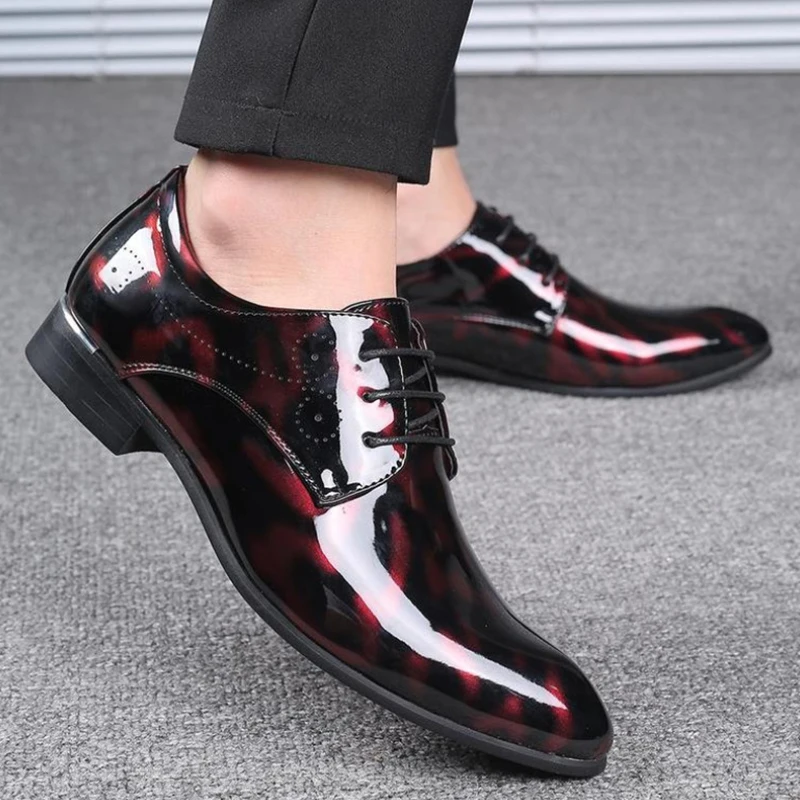 

Wine Red Patent Leather Pointed Toe Formal Dress Shoe Lace Up Business Oxfords For Groom Wedding Party Big Size Footwear Fashion