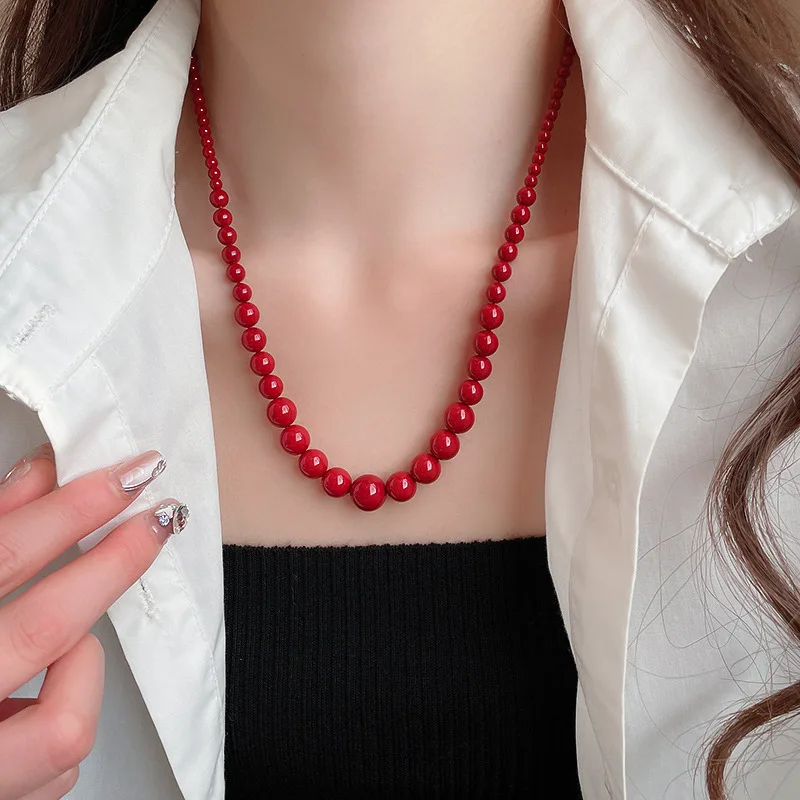 Minar INS Fashion Red Coloured Glaze Strand Beaded Necklace for Women Femme 18K Gold Plated Titanium Steel Sweater Chain Chokers
