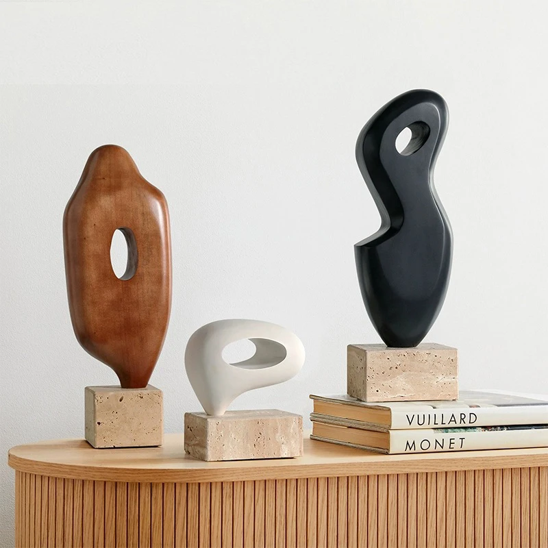 ！@Hand Carved Wooden Abstract Sculpture Natural Organic Shape Stone Base Art Decor for Home Office