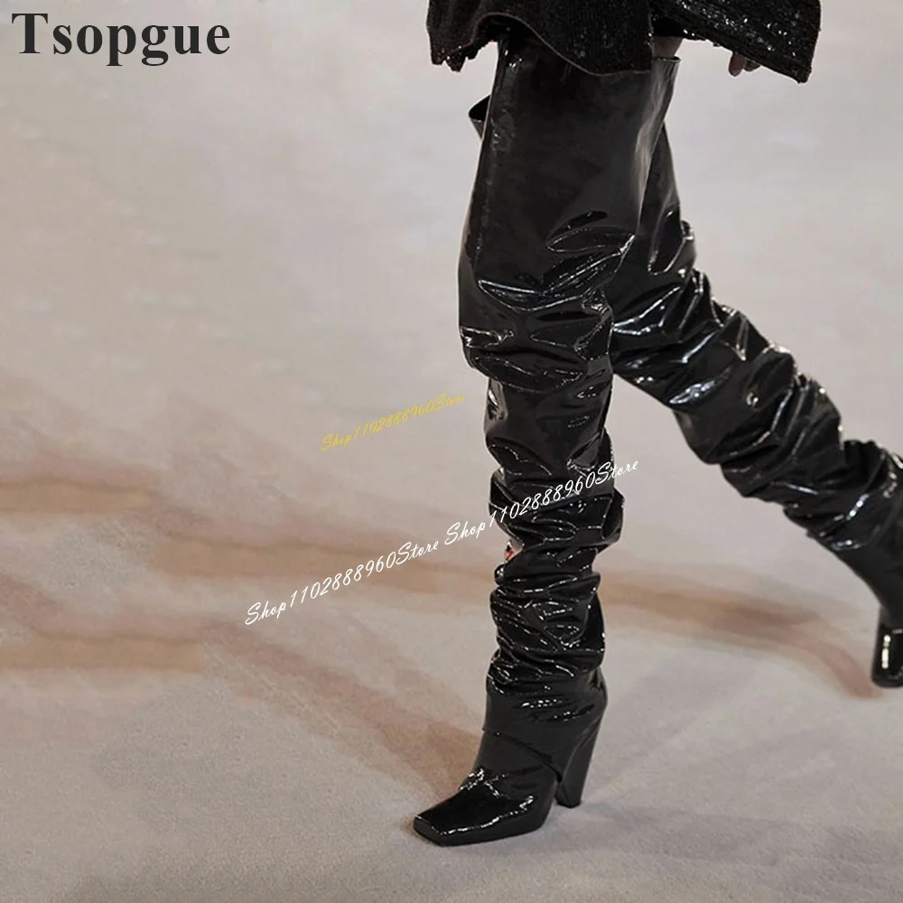 

Catwalk Thigh High Black Soft Leather Pleated Boots Thick Heel Women Shoes Slip On Square Toe 2024 Fashion Zapatos Para Mujere