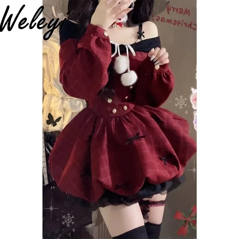 Christmas Burgundy Off Shoulder Fluffy Short Dress for Birthday Party Ladies Elegant New Year Long Sleeve Small Dresses Women