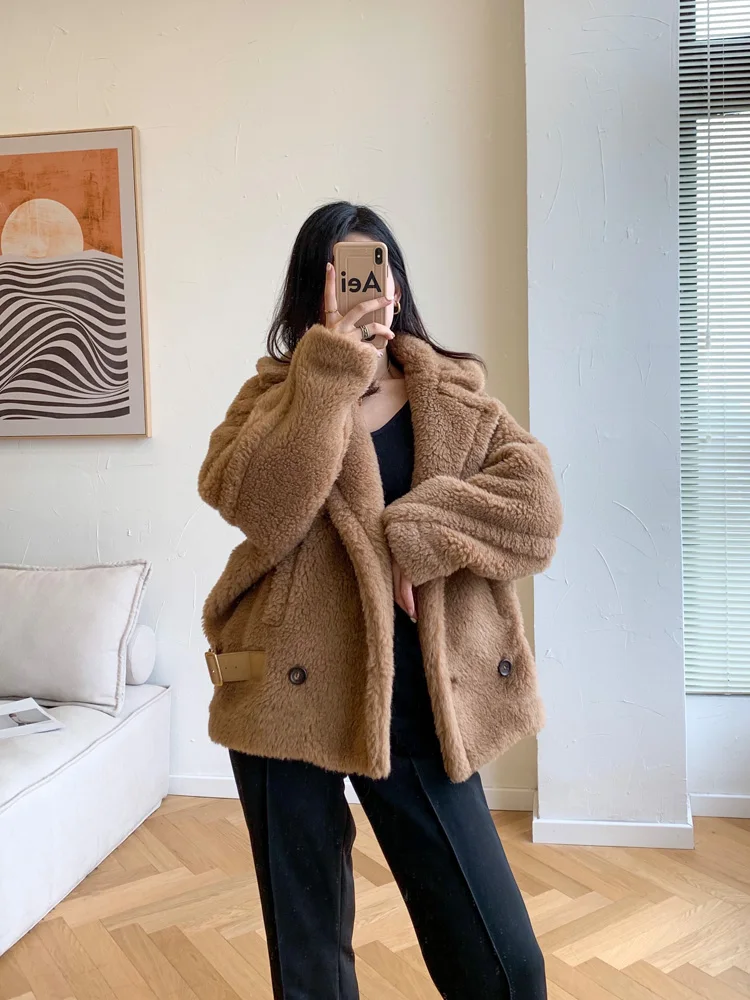 Vintage Teddy Bear Short Coat Camel Fur Coat Women Letter Print Teddy Real Fur Turn-down Long Sleeve Jacket Female Autumn Winter