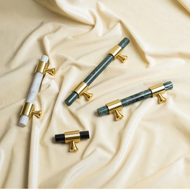 Natural Stone + brass Knobs European T Bar Handles Drawer Pulls Kitchen Cabinet Knobs and Handles Furniture Hardware