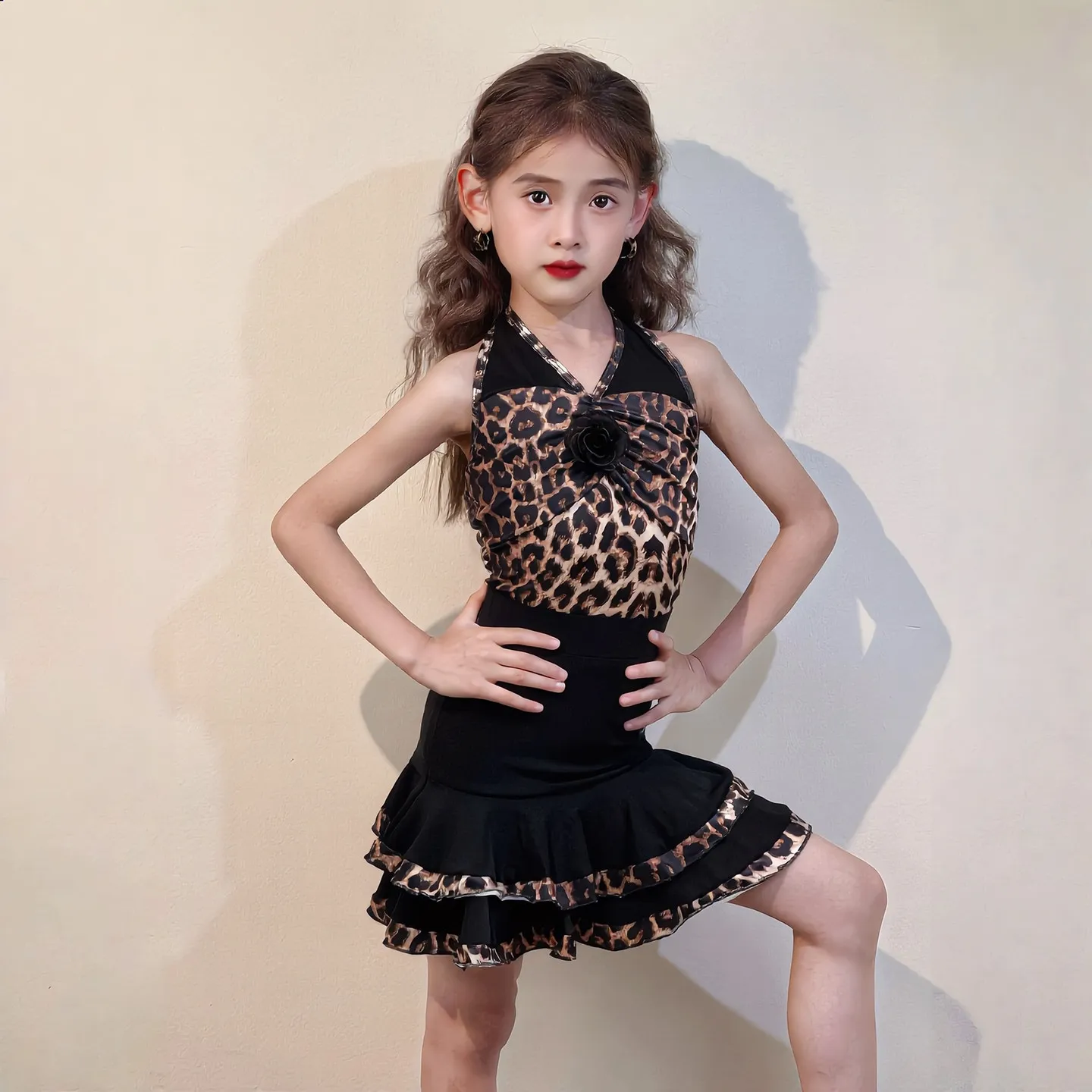New Girls Latin Dance Clothes Leopard Tops Skirt Kids Chacha Dance Practice Dress Suit Summer Latin Performance Costume DNV26727