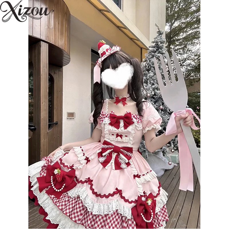 2025 สตรอเบอร์รี่สีชมพูLolita OP Sweet Kawaii Tutuเค้กเจ้าหญิงญี่ปุ่นโบว์ลูกไม้ลายสก๊อตSplicing Victorianพัฟแขน