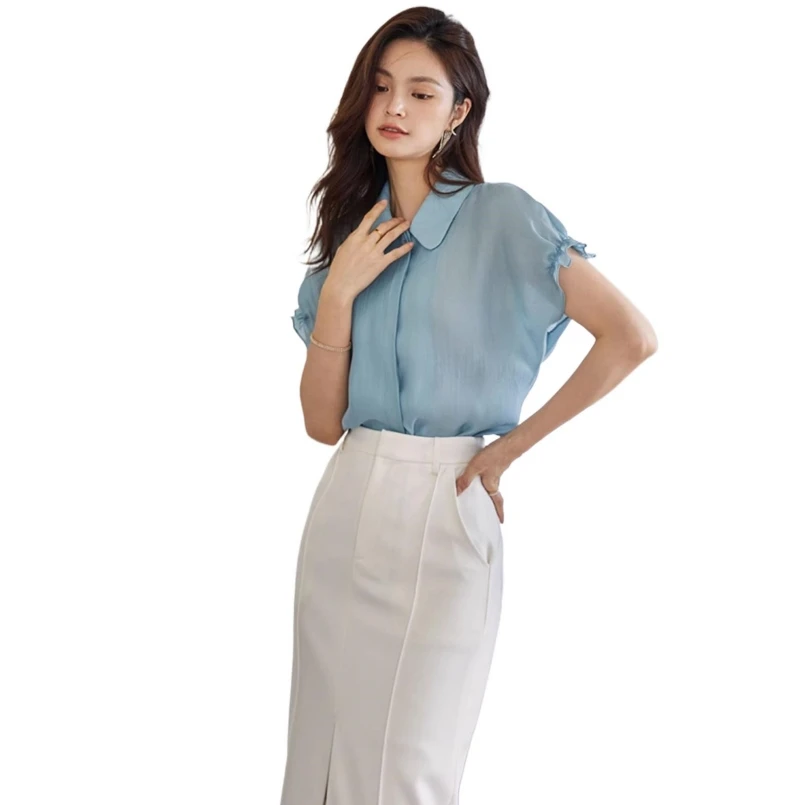 

Summer Rayon Turn-down Collar Shirts Design Sense Ruffles Short Sleeves Loose Solid Temperament Office Lady Elegant Blouses