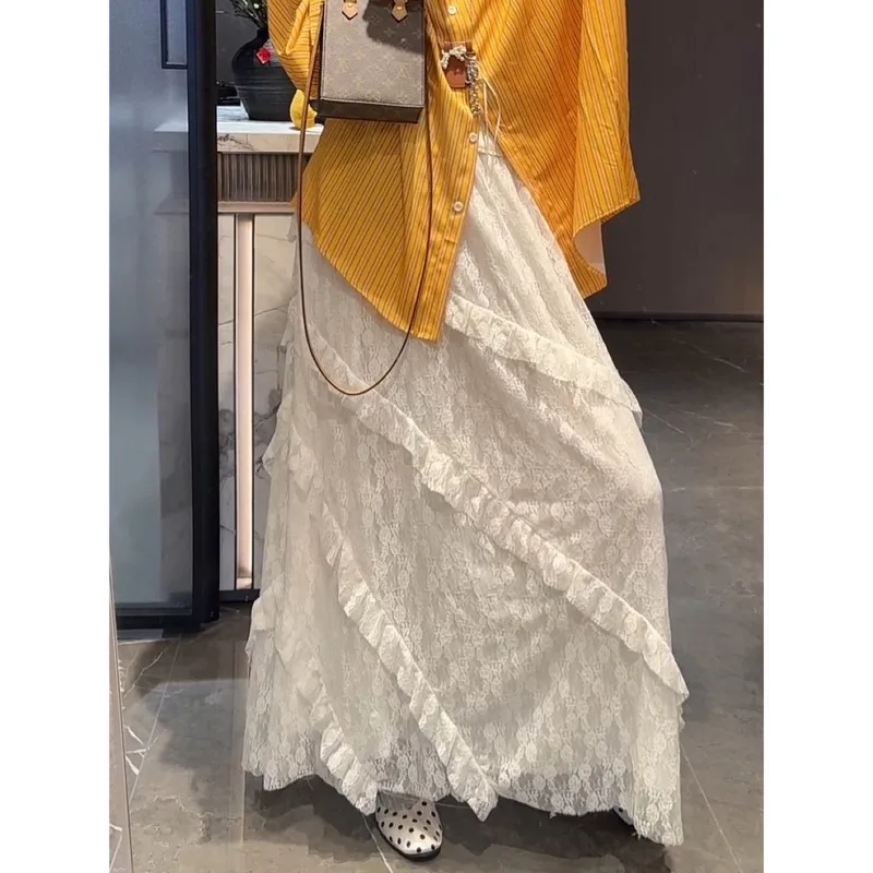 

Retro Style Mixed Fabric White Lace Midi Skirt For Women Summer Stretchy Waist Flattering A Line Tulle Long Skirt Feminine