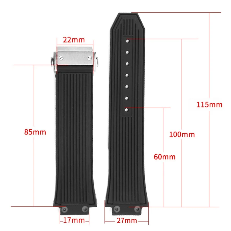 Breathable Skin Friendly 27x17mm Silicone WatchStrap for Hublot Yubo Big Bang Classic Fusion Series Waterproof Sweatproof Strap
