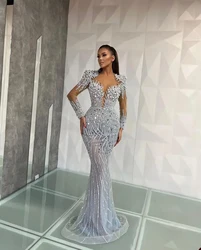 Gorgeous Evening Dress Formal Occasion Dress Long Sleeves Illusion Shining Sequins Beads Court Gown Prom Dress Vestido De Noite