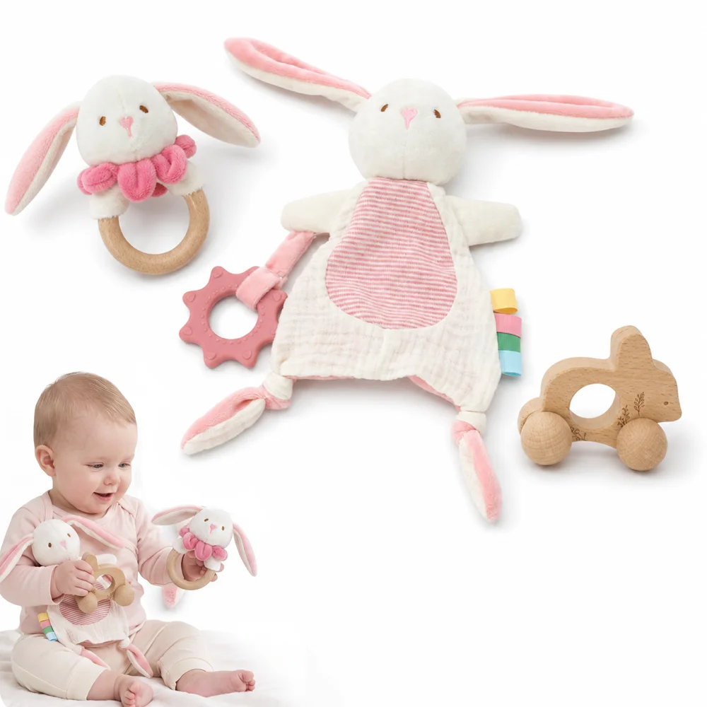 3 Piece Baby Rabbit Security Blanket Set with Wooden Ring Rattle Pull Car Silicone Teether Baby Toys Fine Motor Skills Toys