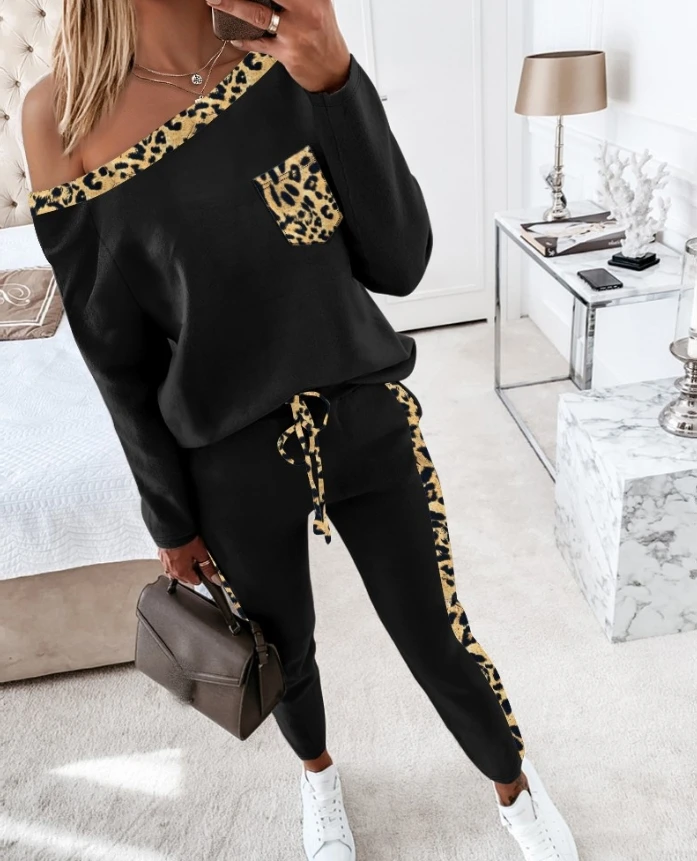 2 Pieces Pants Sets Rhinestone Leopard Print Off Shoulder Long Sleeve Top and Drawstring Skinny Pants