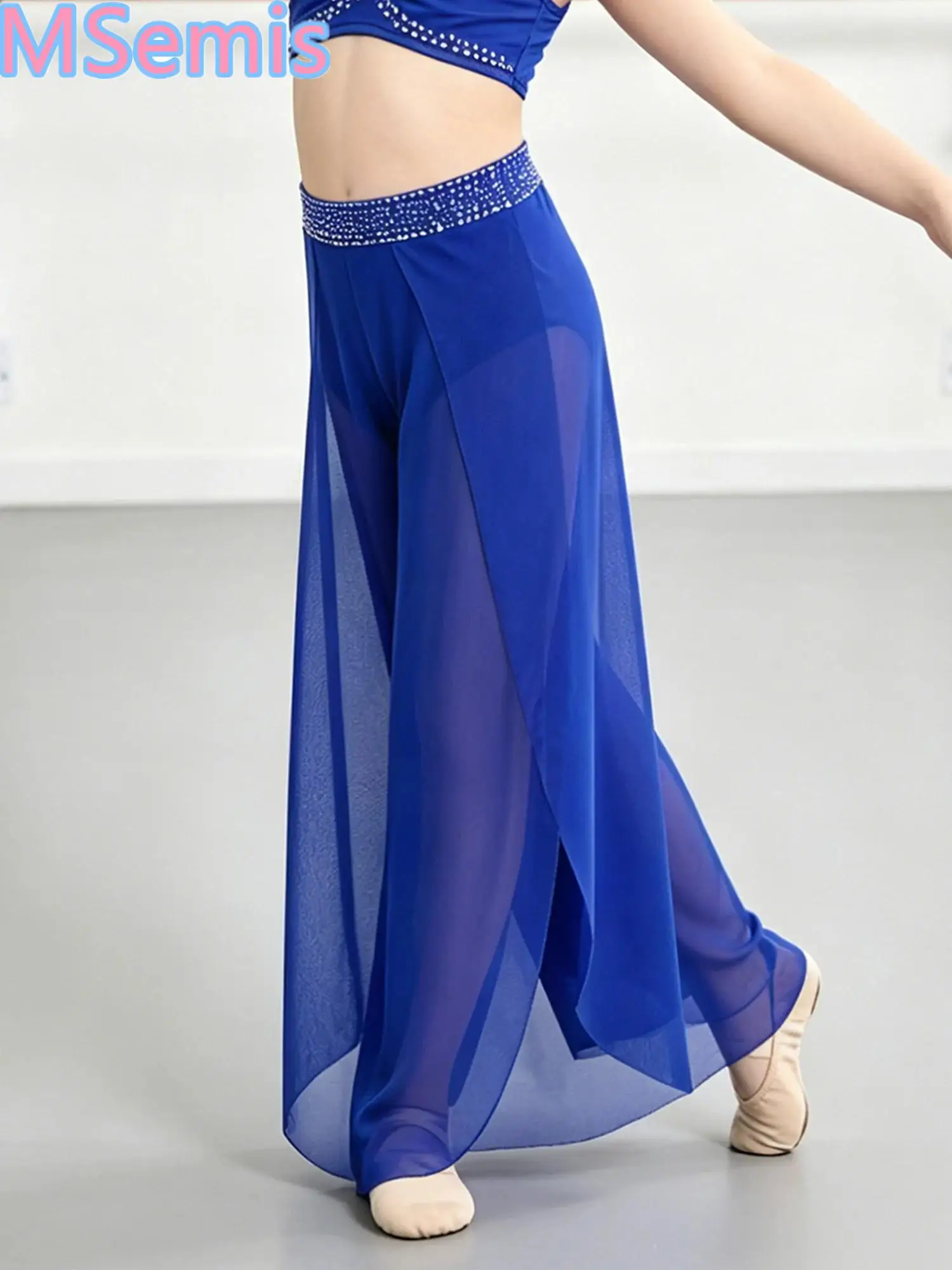 Kids Girls Sheer Mesh Pants for Figure Skating Ballet Lyrical Dance Performance Costume Rhinestones Waistband Side Split Pants