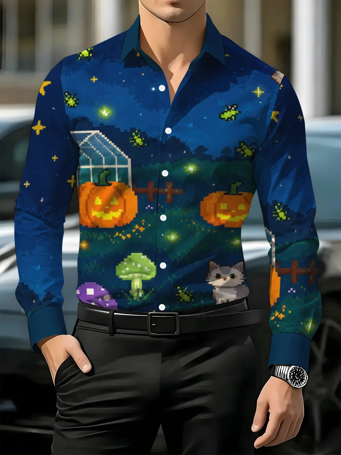 Men's Long Sleeve Shirt Halloween Pixel Pumpkin Cat Print Lapel Button‑Up Casual Party Festival Streetwear Men Clothing