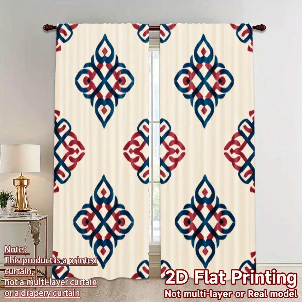 Boho Geometric Pattern Curtain, Red and Blue Diamond Design on Cream Background, Living Room Window Drapes