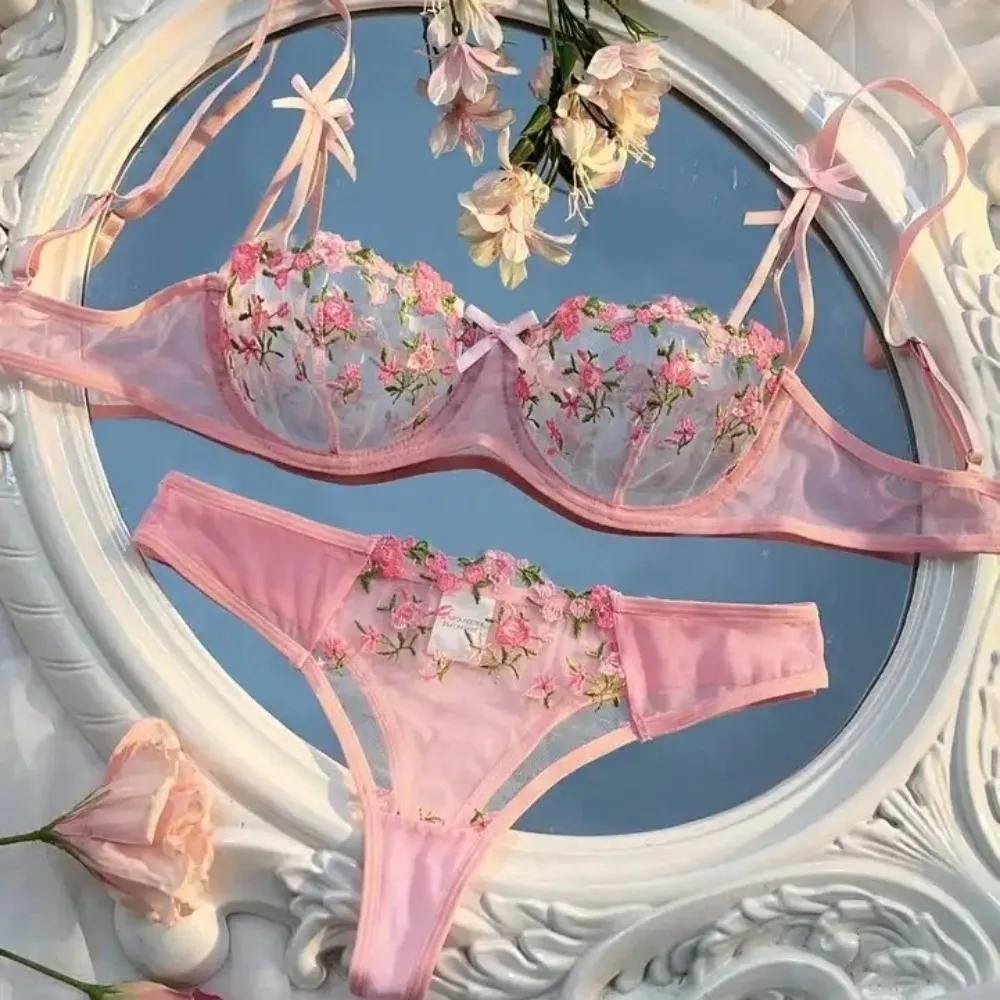 

2pcs Set Sweet Mesh Lace Flower Bra Embroidery Sexy Bra Panties Set Bowknot Erotic Push Up Bra Women Night Wear
