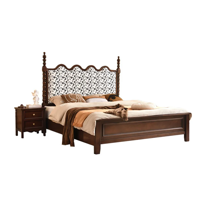 

Medieval style solid wood bed fabric modern simple master bedroom 1.8 meters double bed retro American country