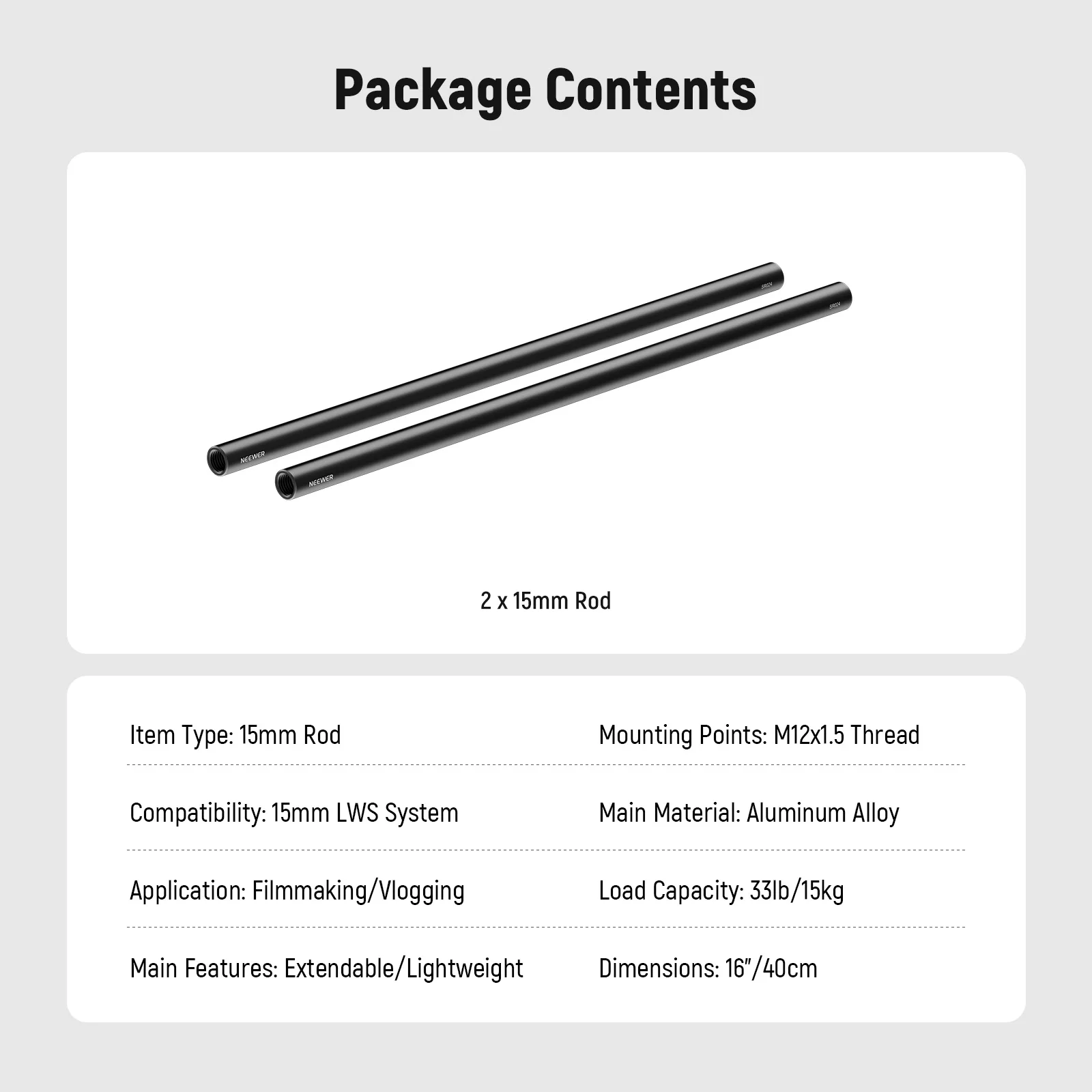 NEEWER 2pcs 10/20/30/40 Rod Aluminum Alloy Extendable 15mm Extension Rods for 15mm LWS Rod Rail System Shoulder Rig Baseplate