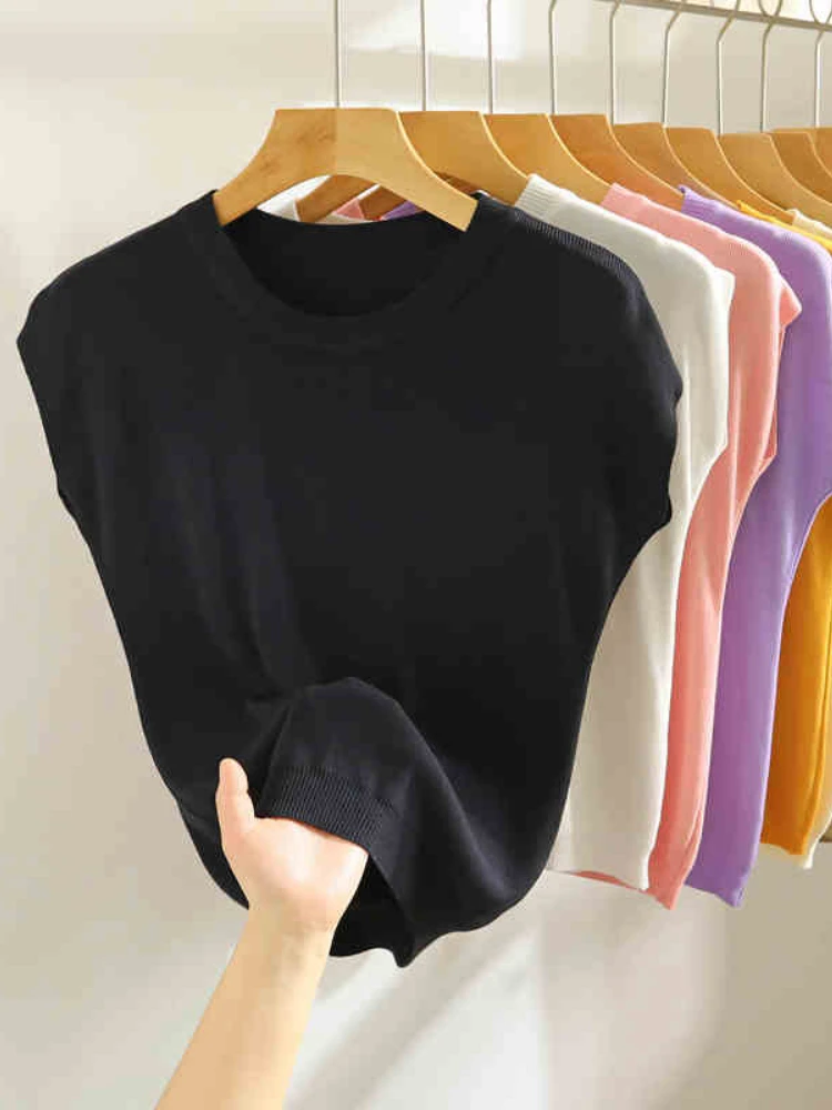 2026 Fashion Vest Shirt Solid O-neck Collar Knitted Sweater Short Sleeve Office Lady Loose Elegant All-Match Straight Tops