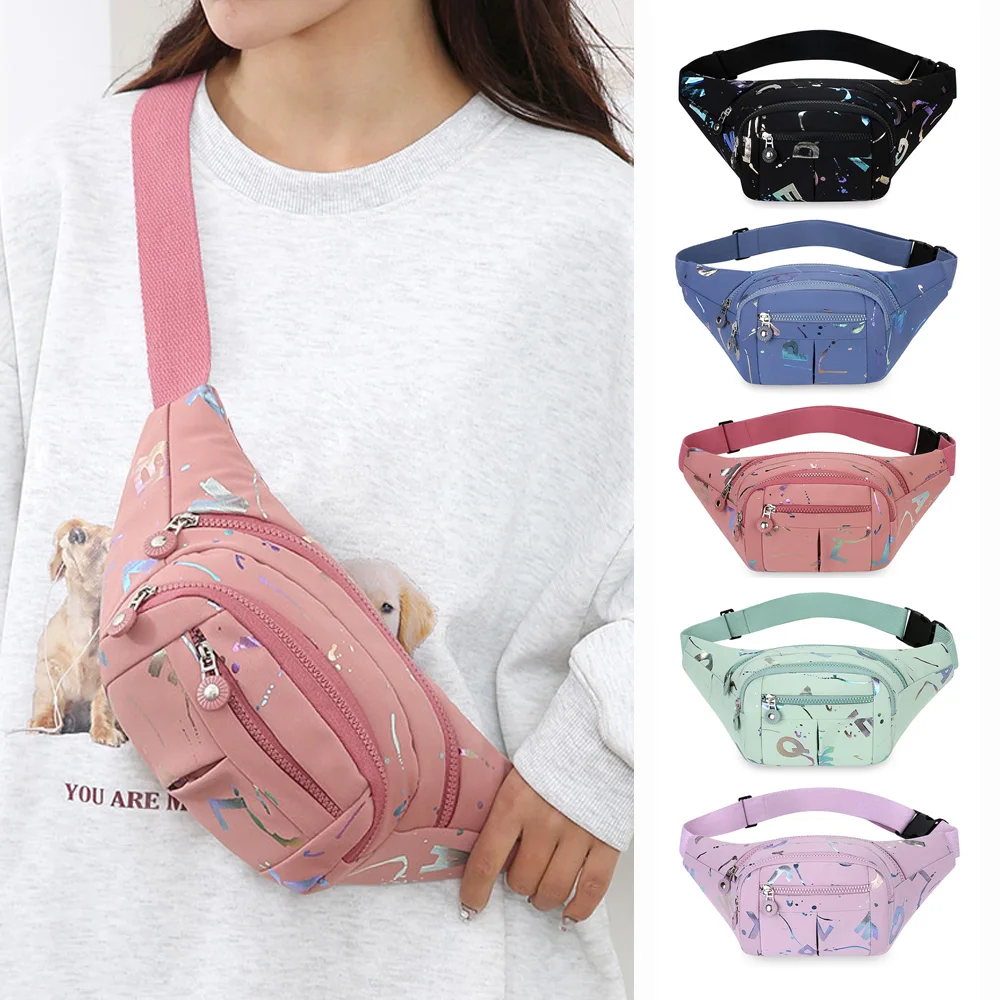 

Women Glitter Chest Bag Fashion Letter Printing Waist Fanny Bags Small Crossbody Shoulder Flap Pack Multi Layer Casual Bag