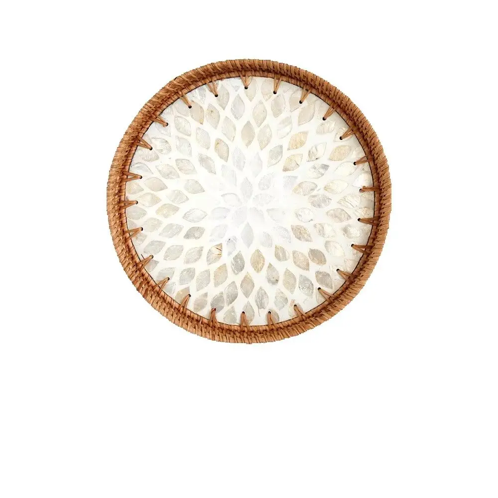 Decorative Round Rattan Serving Tray With Mother Of Pearl Inlay, Hand Woven Mosaic Tray For Snacks Fruit Cake Coffee Table Decor