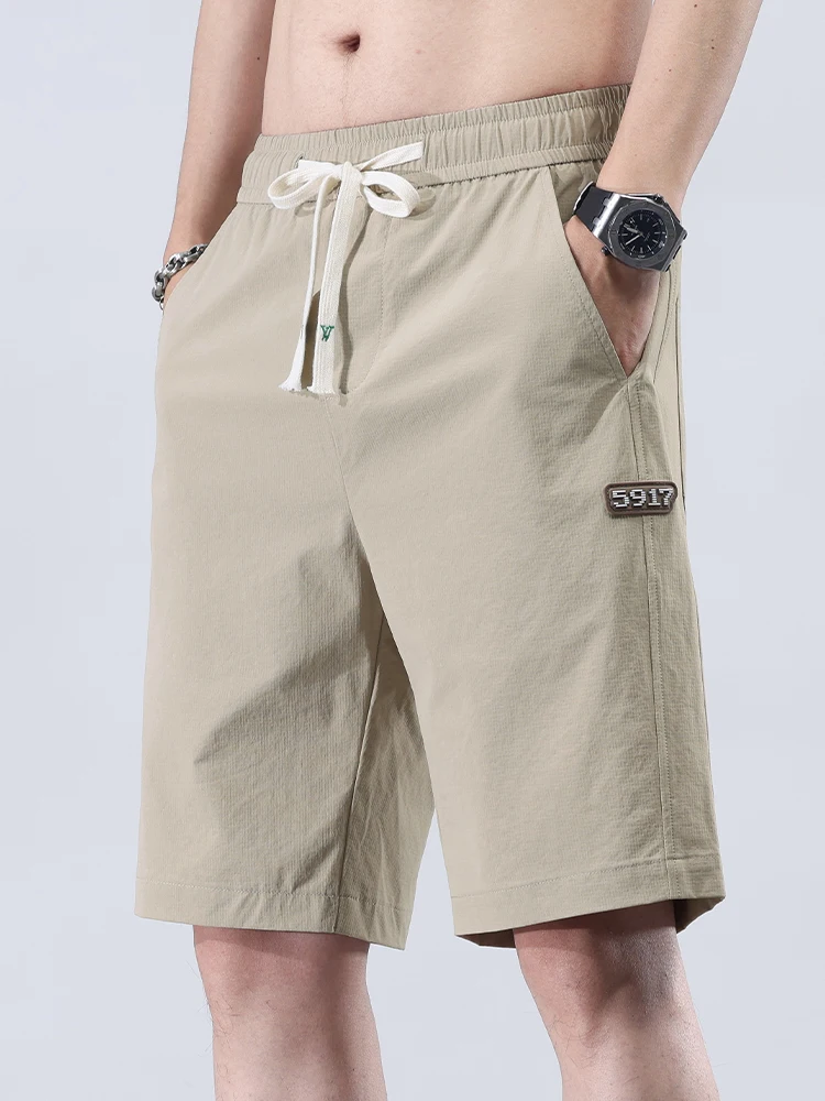 

Мужские летние ультратонкие свободные повседневные спортивные брюки из ледяного шелка для активного отдыха, быстросохнущие, с завязками, длиной до колена