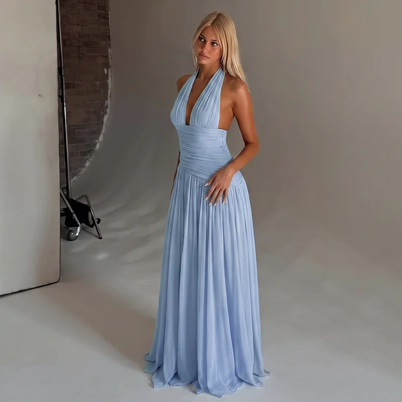 Hugcitar Elegantes Maxikleid mit V-Ausschnitt, gerafftem Rücken, Schnürung, Patchwork-Mesh, sexy Plissee, für Strand, Urlaub und Party – Detail 18