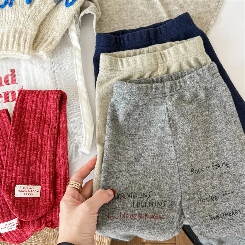 2024 Winter New Children Warm Pants Girls Thick Leggings Letter Print Baby Trousers Kids Warm Leggings Infant Clothes