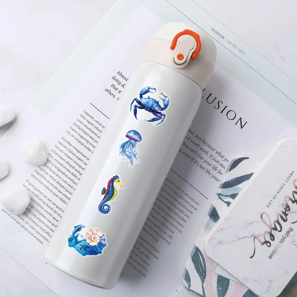 50 Uds. De pegatinas decorativas para taza de agua con dibujos animados de vida marina, Material transparente para mascotas, estrella de mar, tortuga, caballo de mar